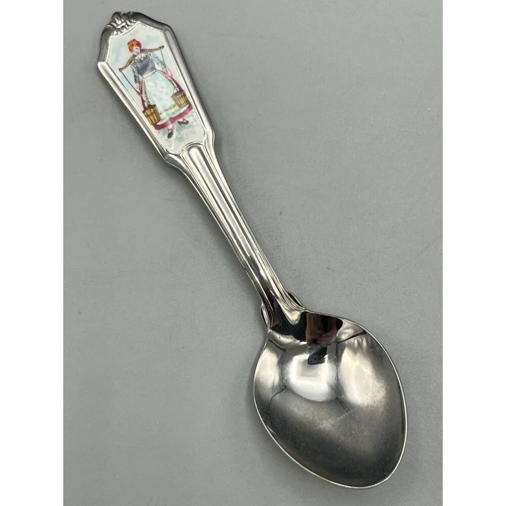 Vtg Stainless Sugar Spoon Enamel Handle German Woman Buckets Milkmaid - Picture 1 of 8